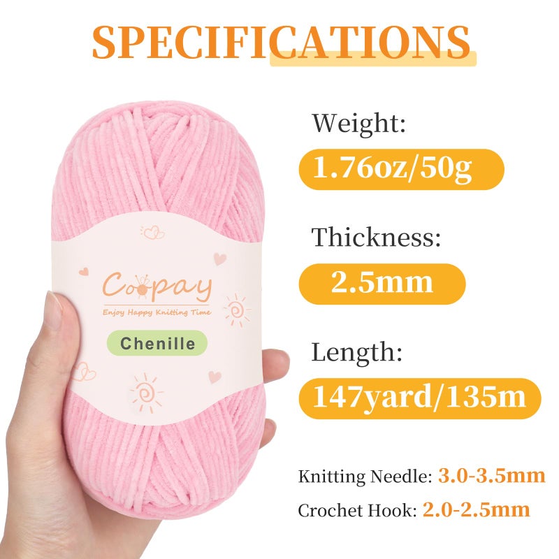 Coopay Skinny Chenille Yarn for Crocheting and Knitting, 12 Pack of 50g/1.76oz - 1764yd Total, Soft Crochet Yarn of Light Weight - Sutible for Colorful Crafts, Blankets, Plush Dolls and Baby Garments - Image 2