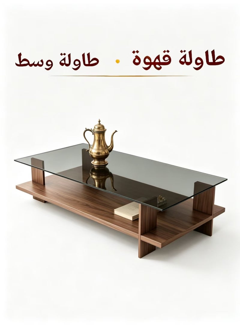 ChenDa Double‑layer Tempered Glass Coffee Table, Central Storage Table for Living Room, Suitable for Living Room and Office, Walnut Wood Color, 100×50×41cm - Image 1