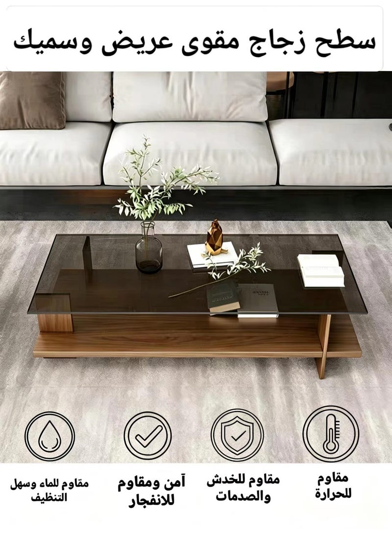 ChenDa Double‑layer Tempered Glass Coffee Table, Central Storage Table for Living Room, Suitable for Living Room and Office, Walnut Wood Color, 100×50×41cm - Image 3
