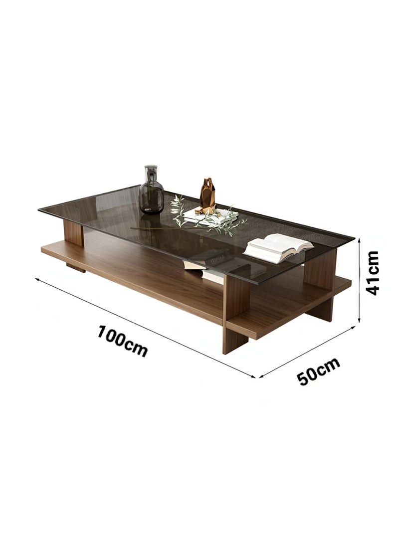 ChenDa Double‑layer Tempered Glass Coffee Table, Central Storage Table for Living Room, Suitable for Living Room and Office, Walnut Wood Color, 100×50×41cm - Image 2