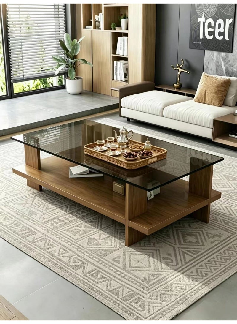 ChenDa Double‑layer Tempered Glass Coffee Table, Central Storage Table for Living Room, Suitable for Living Room and Office, Walnut Wood Color, 100×50×41cm - Image 5
