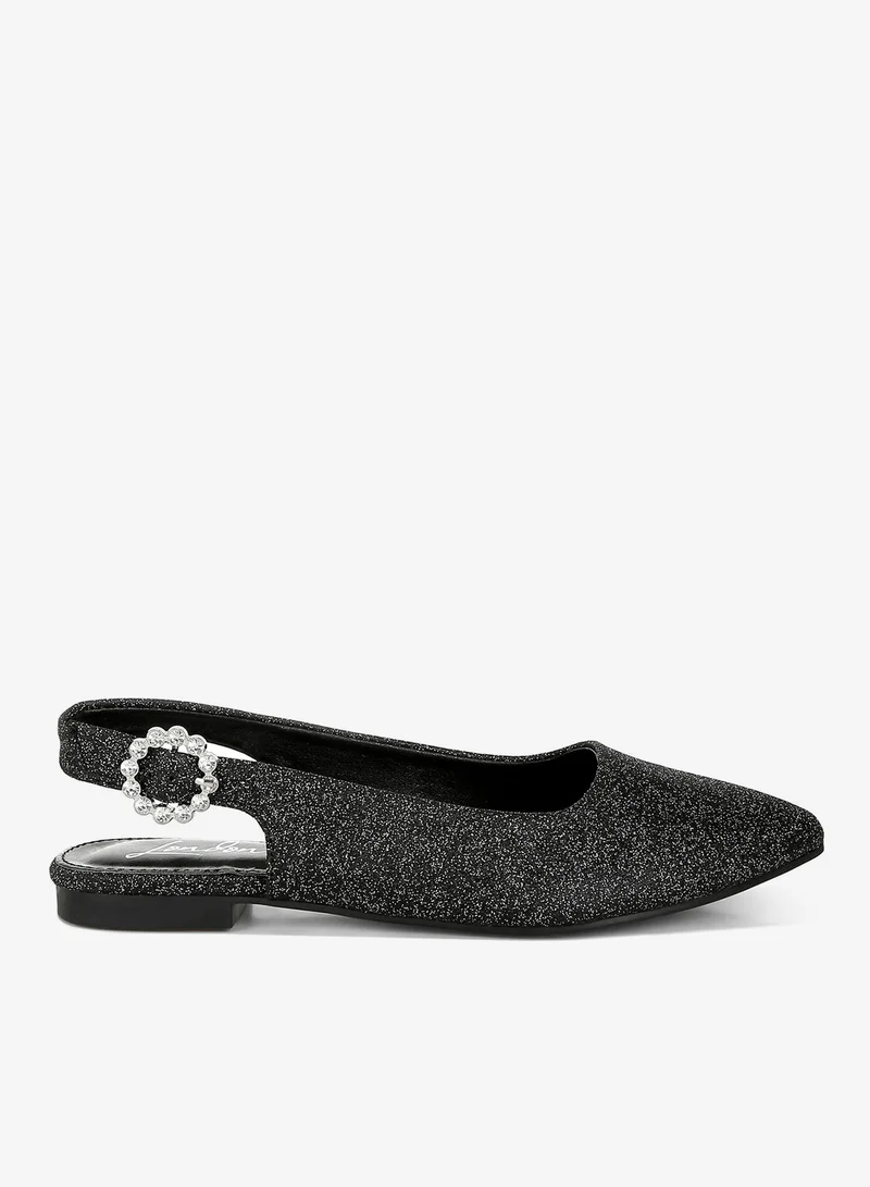 Glitter Slingback Flat Sandals in Black