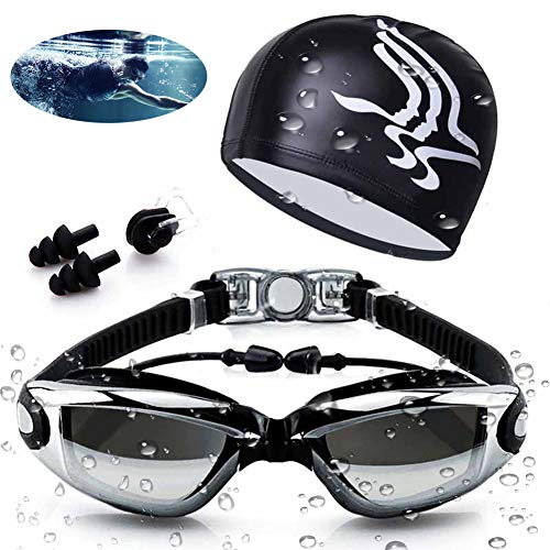 Aokelily Swim Goggles and Cap Set 4 in 1, UV 400 Protection Lenses Clear Anti-Fog Swimming Goggles Waterproof No Leaking with Nose Clip + Ear Plugs for Adult Men Women Kids (Black) - Image 1