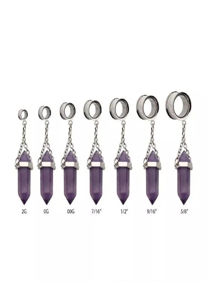 Pierced Owl 316L Stainless Steel Dangling Amethyst Stone Double Flared Tunnel Plugs, Sold as a Pair (8mm (0GA)) - Image 2