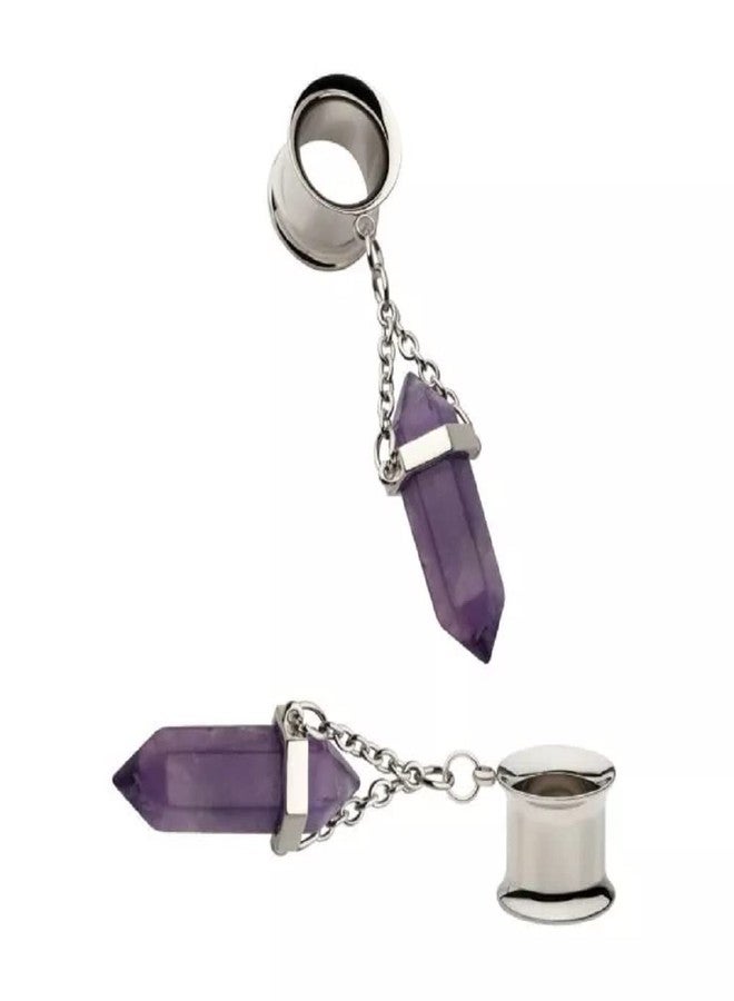 Pierced Owl 316L Stainless Steel Dangling Amethyst Stone Double Flared Tunnel Plugs, Sold as a Pair (8mm (0GA)) - Image 3