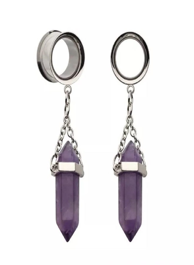 Pierced Owl 316L Stainless Steel Dangling Amethyst Stone Double Flared Tunnel Plugs, Sold as a Pair (8mm (0GA)) - Image 1