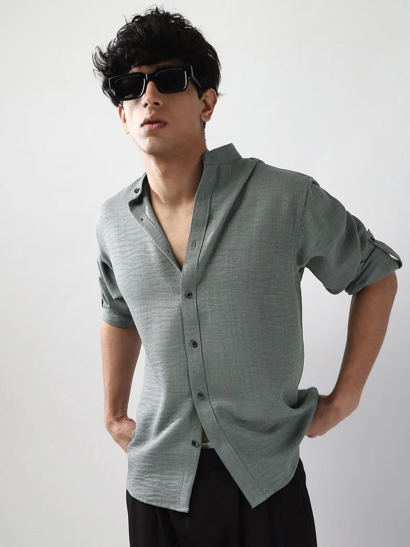 Urbano Fashion Men's Metallic Blue Linen Blend Full Sleeve Relaxed Fit Mandarin Collar Casual Solid Shirt