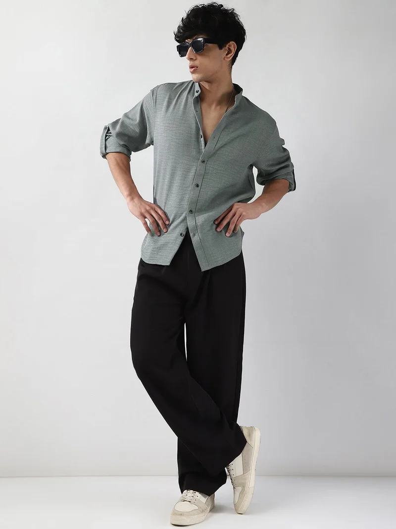 Urbano Fashion  Urbano Fashion Men's Metallic Blue Linen Blend Full Sleeve Relaxed Fit Mandarin Collar Casual Solid Shirt  | Best Price UAE