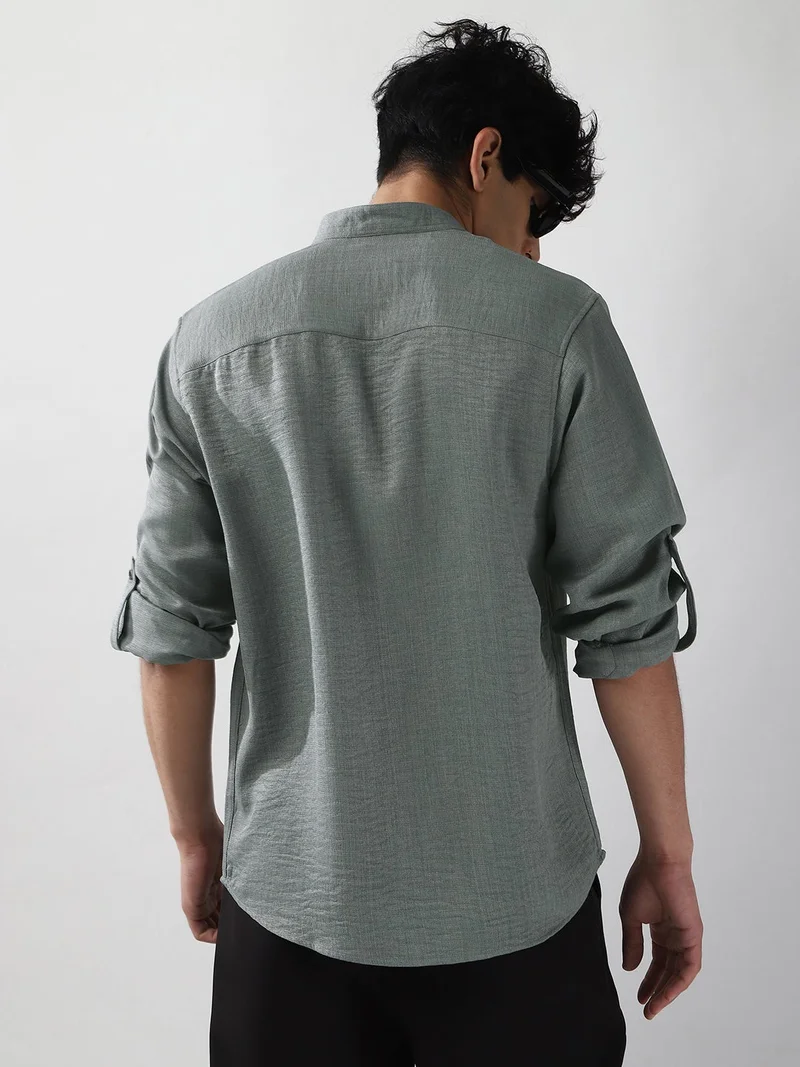 Urbano Fashion  Urbano Fashion Men's Metallic Blue Linen Blend Full Sleeve Relaxed Fit Mandarin Collar Casual Solid Shirt  | Best Price UAE