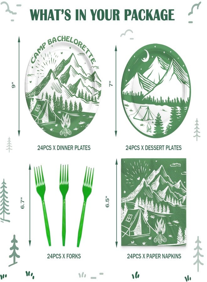 Hombae Camp Bachelorette Supplies Tableware Set, Last Trail Before the Veil Bachelorette Decor, Green Camping Bachelorette Party Decorations, Camp Theme Plates, Napkins, Forks, Serves 24 Guests - Image 2