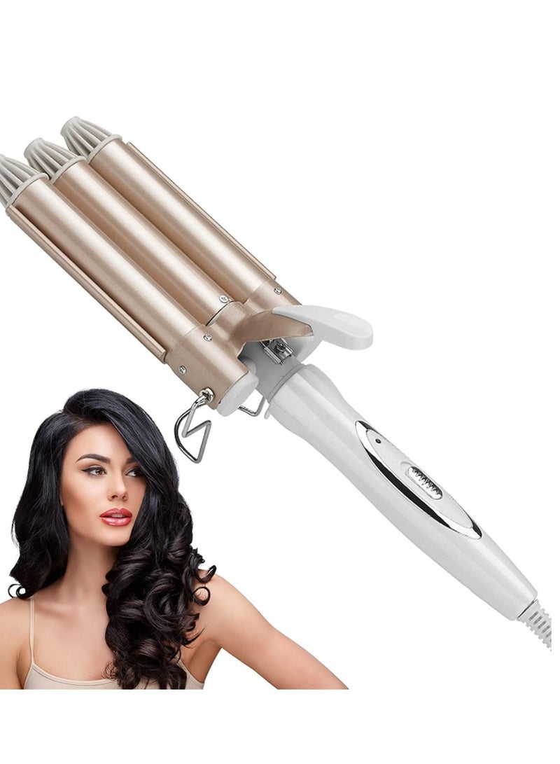 ELTRAZONE 3 Barrel Curling Iron,1 inch Triple Three Barrel Hair Waver Mermaid Beach Waves Curling Wand Ceramic Tourmaline Temperature Adjustable Curler Irons,Hair Crimper Fast Heating Curling Wand (Gold) - Image 1