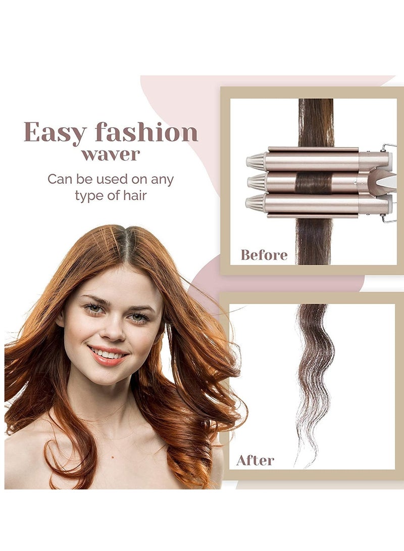 ELTRAZONE 3 Barrel Curling Iron,1 inch Triple Three Barrel Hair Waver Mermaid Beach Waves Curling Wand Ceramic Tourmaline Temperature Adjustable Curler Irons,Hair Crimper Fast Heating Curling Wand (Gold) - Image 2