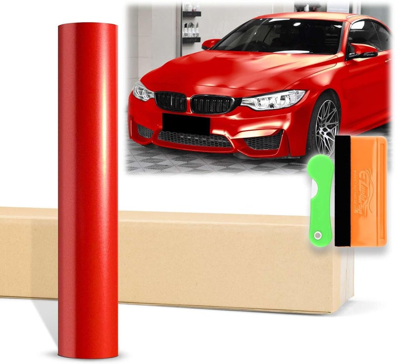 EZAUTO WRAP 12"x60" (1FTx5FT) Red Matte Metallic Satin Pearl Vinyl Wrap Auto Car Sticker Decal Film Sheet Bubble Free Air Release Technology with Tool Kit - Image 1