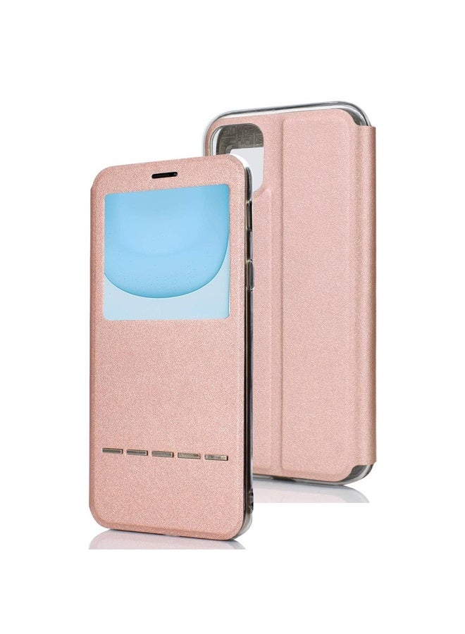 HuHa Case Cover For iPhone 11  Matte Texture Horizontal Flip Bracket Mobile Phone Holster Window with Caller ID and Metal Button Slide To Unlock(Rose Gold) - Image 1