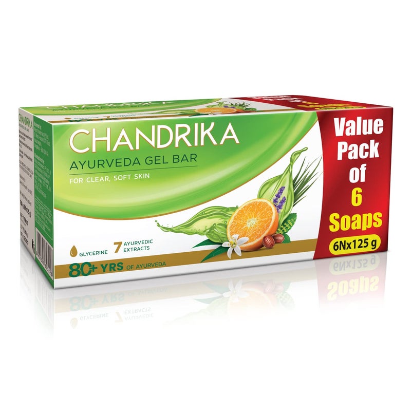 Chandrika شريط صابون جليسرين أيورفيدا من تشاندريكا مع زيت الجوجوبا للبشرة المرطبة لجميع أنواع البشرة 125 جرام عبوة من 6 - Image 1