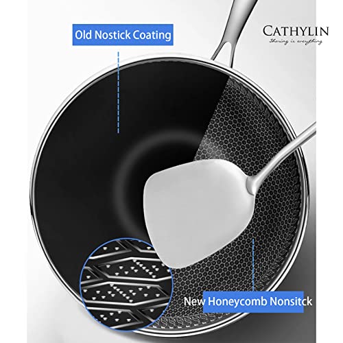 CATHYLIN 12.5" 316L Stainless Steel Honeycomb Non Stick Wok Pan Stir-fry Wok with Lid,Skillet with Stay-cool Handle PFOA Free Suitable for Induction, Ceramic, Electric, and Gas Cooktops - Image 5