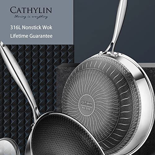 CATHYLIN 12.5" 316L Stainless Steel Honeycomb Non Stick Wok Pan Stir-fry Wok with Lid,Skillet with Stay-cool Handle PFOA Free Suitable for Induction, Ceramic, Electric, and Gas Cooktops - Image 4