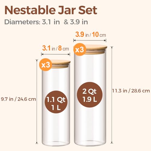 ComSaf Glass Food Storage Jars Set of 6 Tall Glass Storage Containers with Lids Spaghetti Jar Canisters Set for the kitchen Pasta Flour Nuts Oat Coffee and Sugar Container Pantry Organization - Image 3