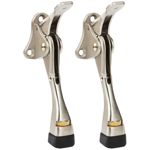 KXIPB Kickdown Door Stopper 4 Inches 2 Packs One Touch Adjustable Height Door Stop for The Bottom of Door Aluminum Alloy Metal Door Stopper with Rubber Tip Wall Protectors for Wide Doors Satin Nickel - Image 1
