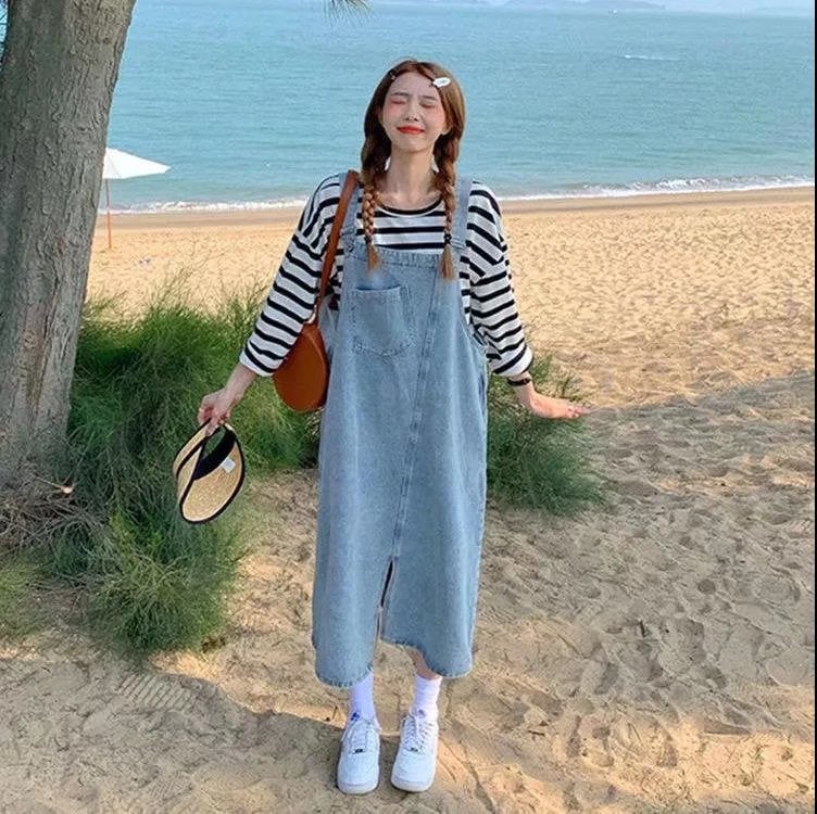 Chic Split Denim Overall Dress Loose Korean Style 2023 Blue