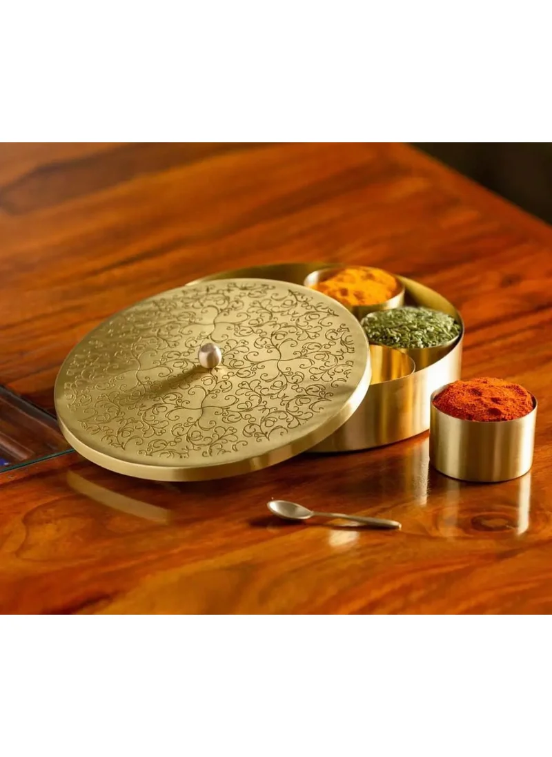 كويزيرا Floral-Etched' Handcrafted Brass Spice Box Set for Kitchen with Spoon,Spice Box/Brass Masala Box/Masala Dani/Masala Dabba/Spice Container