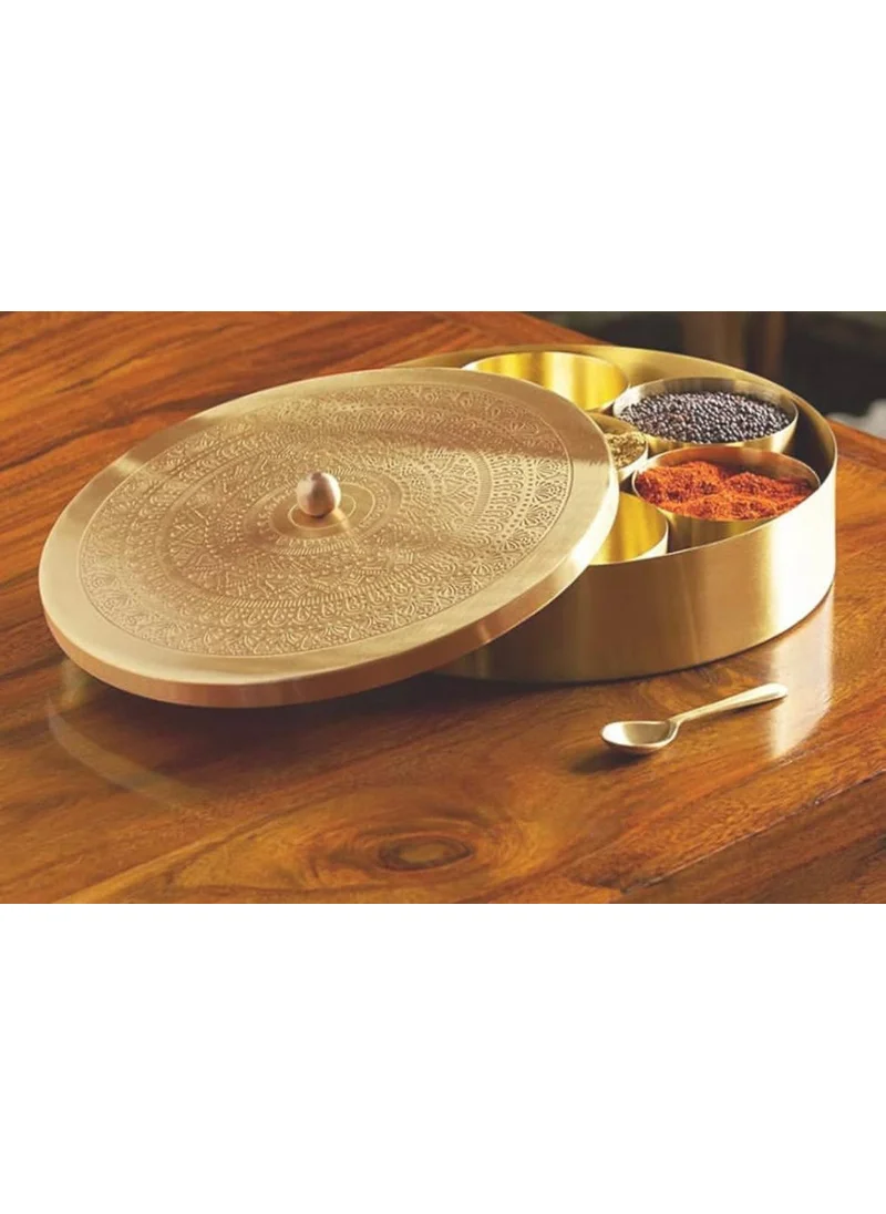 QUESERA Floral-Etched' Handcrafted Brass Spice Box Set for Kitchen with Spoon,Spice Box/Brass Masala Box/Masala Dani/Masala Dabba/Spice Container