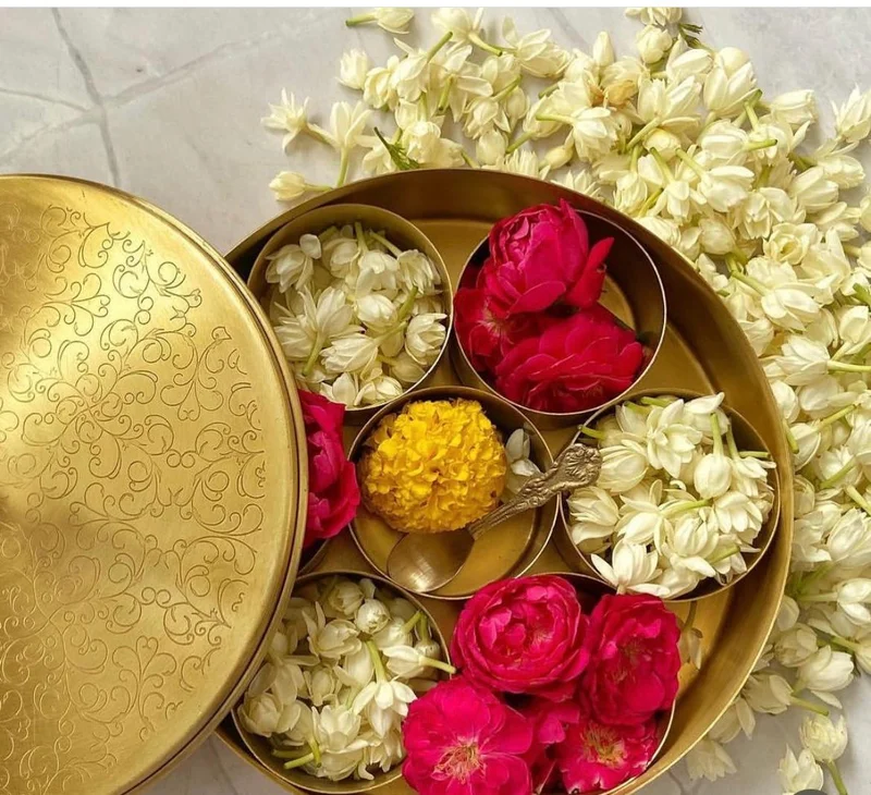 Quesera  Floral-Etched' Handcrafted Brass Spice Box Set for Kitchen with Spoon,Spice Box/Brass Masala Box/Masala Dani/Masala Dabba/Spice Container  | Best Price UAE