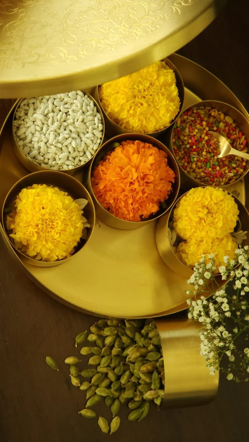 Quesera  Floral-Etched' Handcrafted Brass Spice Box Set for Kitchen with Spoon,Spice Box/Brass Masala Box/Masala Dani/Masala Dabba/Spice Container  | Best Price UAE