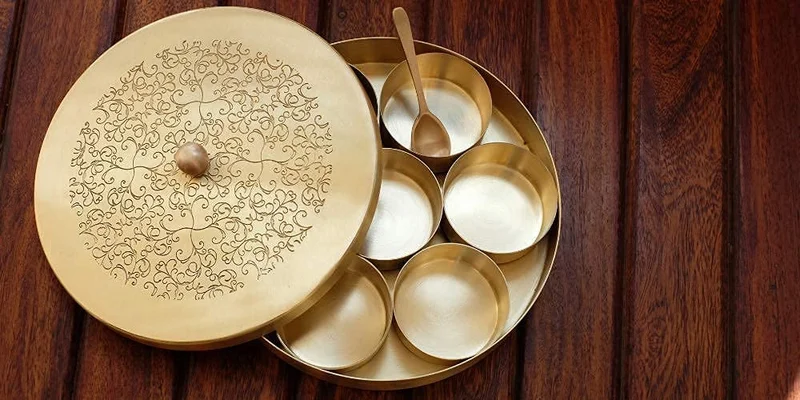 Quesera  Floral-Etched' Handcrafted Brass Spice Box Set for Kitchen with Spoon,Spice Box/Brass Masala Box/Masala Dani/Masala Dabba/Spice Container  | Best Price UAE