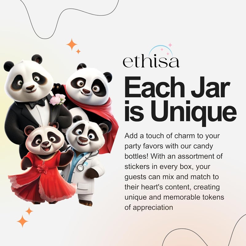 Ethisa Small 12 Pack Panda Party Favors - DIY Candy Jars with Ribbons and Stickers - Party Decoration Bottles for Birthday, School Classroom, and Baby Shower - Panda Table Centerpieces for Kids - Image 3