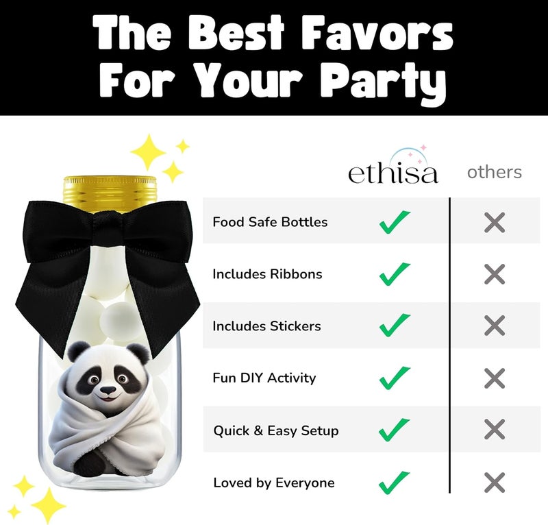Ethisa Small 12 Pack Panda Party Favors - DIY Candy Jars with Ribbons and Stickers - Party Decoration Bottles for Birthday, School Classroom, and Baby Shower - Panda Table Centerpieces for Kids - Image 5