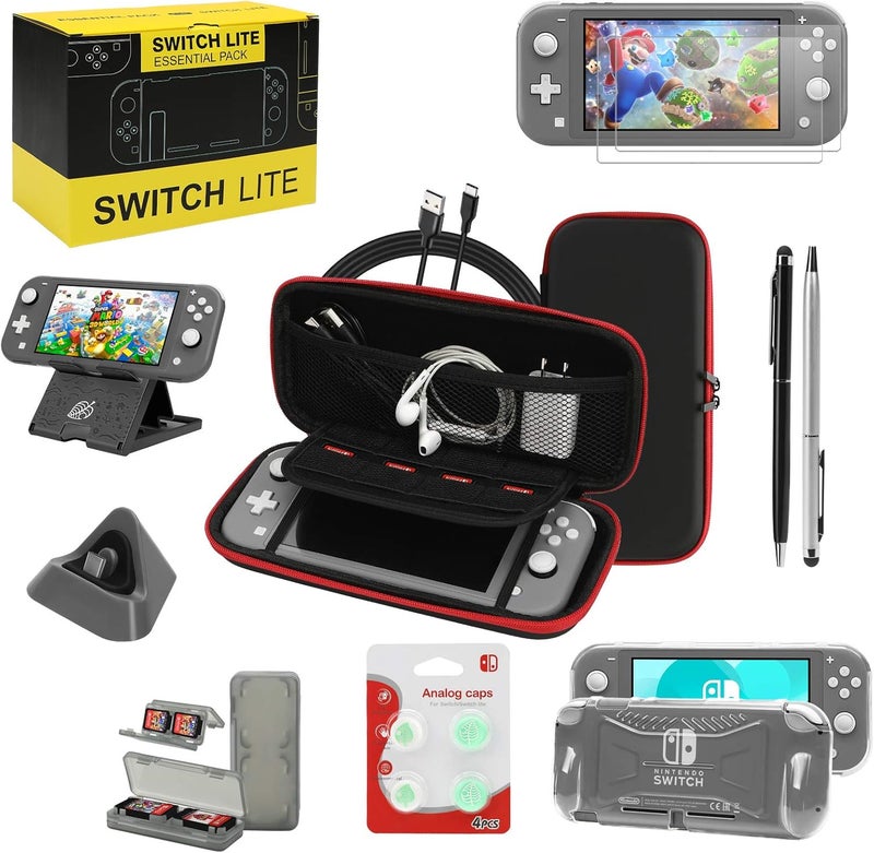 حزمة ملحقات Switch Lite، مجموعة مع حقيبة حمل، غطاء حافظة TPU مع واقي شاشة، قاعدة شحن، حامل لعب، حقيبة بطاقات الألعاب، كابل USB، قلم، أغطية مقابض الإبهام لـ Nintendo Switch Lite (أسود) - Image 1