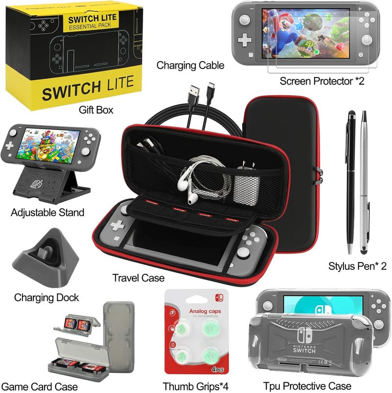 حزمة ملحقات Switch Lite، مجموعة مع حقيبة حمل، غطاء حافظة TPU مع واقي شاشة، قاعدة شحن، حامل لعب، حقيبة بطاقات الألعاب، كابل USB، قلم، أغطية مقابض الإبهام لـ Nintendo Switch Lite (أسود) - Image 2