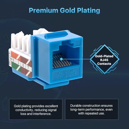 SATMAXIMUM 30 Pack Cat6 Keystone Ethernet Wall Jacks RJ45 Punch Down Slim Profile UTP Blue, 45 Degree for Patch Panel & Wall Plate, Supports Up to 10Gbps - Image 3