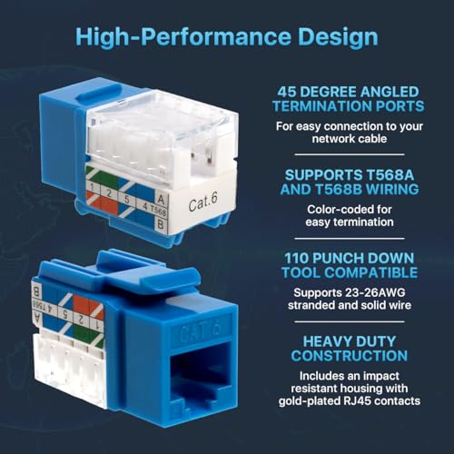 SATMAXIMUM 30 Pack Cat6 Keystone Ethernet Wall Jacks RJ45 Punch Down Slim Profile UTP Blue, 45 Degree for Patch Panel & Wall Plate, Supports Up to 10Gbps - Image 4