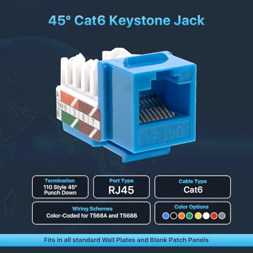 SATMAXIMUM 30 Pack Cat6 Keystone Ethernet Wall Jacks RJ45 Punch Down Slim Profile UTP Blue, 45 Degree for Patch Panel & Wall Plate, Supports Up to 10Gbps - Image 2