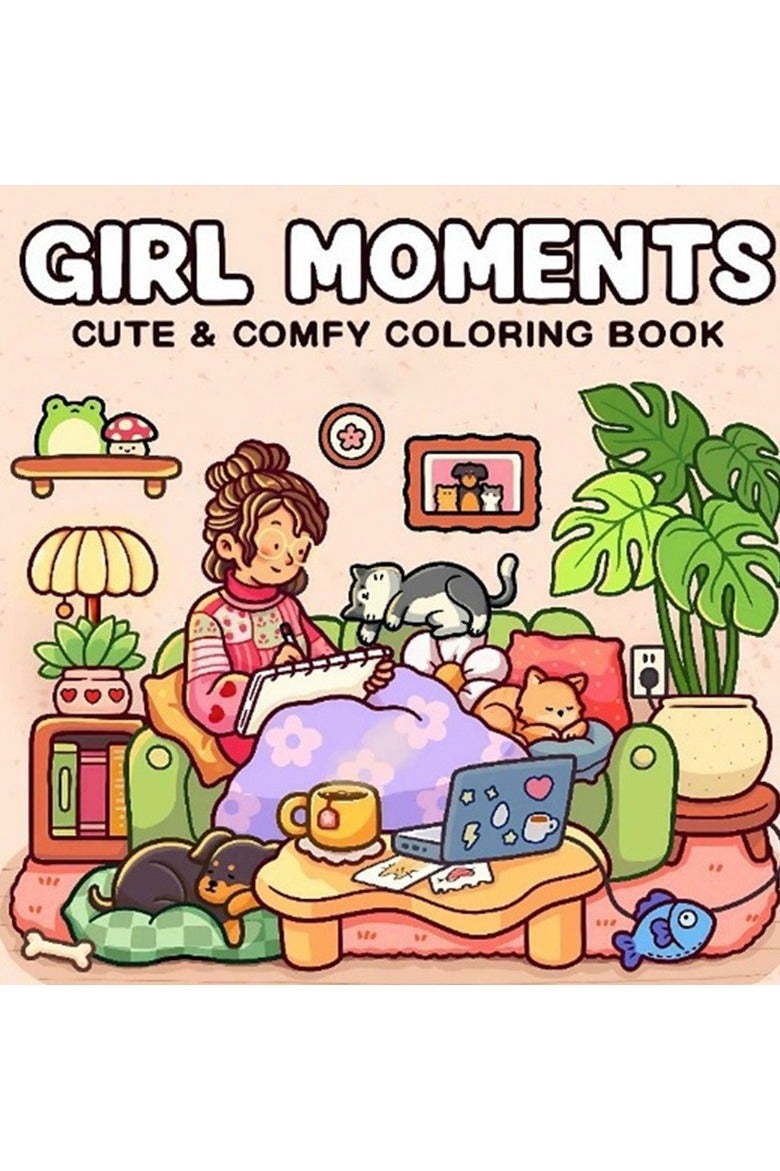 Girl Moments Coloring Book for Adults & Teens - 100+ Whimsical Illustrations of Cozy Daily Life, Reading with Pets & Nature Scenes | Anti-Stress Art Therapy, Perfect for Relaxation & Gift Giving(Cozy Spaces Collection) - Image 1