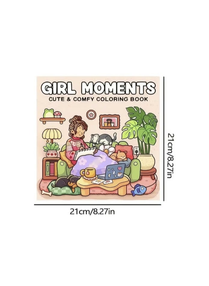 Girl Moments Coloring Book for Teens & Adults | Cozy Daily Life Illustrations for Relaxation & Stress Relief | Square Art Coloring Book for Girls - Image 5
