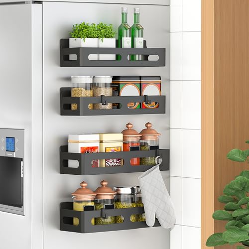 Sevenblue 4 Pack Magnetic Spice Rack for Refrigerator Spice Rack Organizer Moveable Magnetic Shelf Fridge Organizer with 4 Hooks for Kitchen and Oven Organization Black