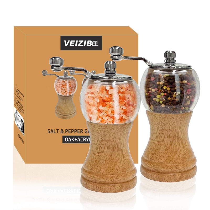 VEIZIBEE Salt and Pepper Grinder Set Manual Pepper Mill Set Classical Hand Shake Wooden Salt Mill Acrylic Ceramic Blades Upgrade Metal Handle Enjoy Fresh Ground Pepper Salt Various Spices 2pcs5in