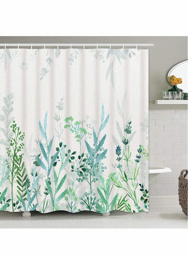Watercolor Floral Shower Curtain, Greenery Botanical Leaves Shower Curtain with 12 Hooks, Waterproof Spring Shower Curtains for Bathroom - Image 1