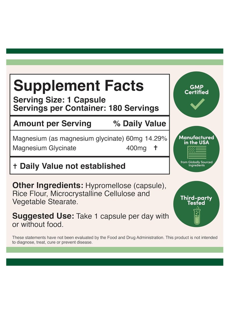 Double Wood Supplements Magnesium Glycinate Supplement High Absorption Magnesium for Sleep 400 mg 180 capsules - Image 2