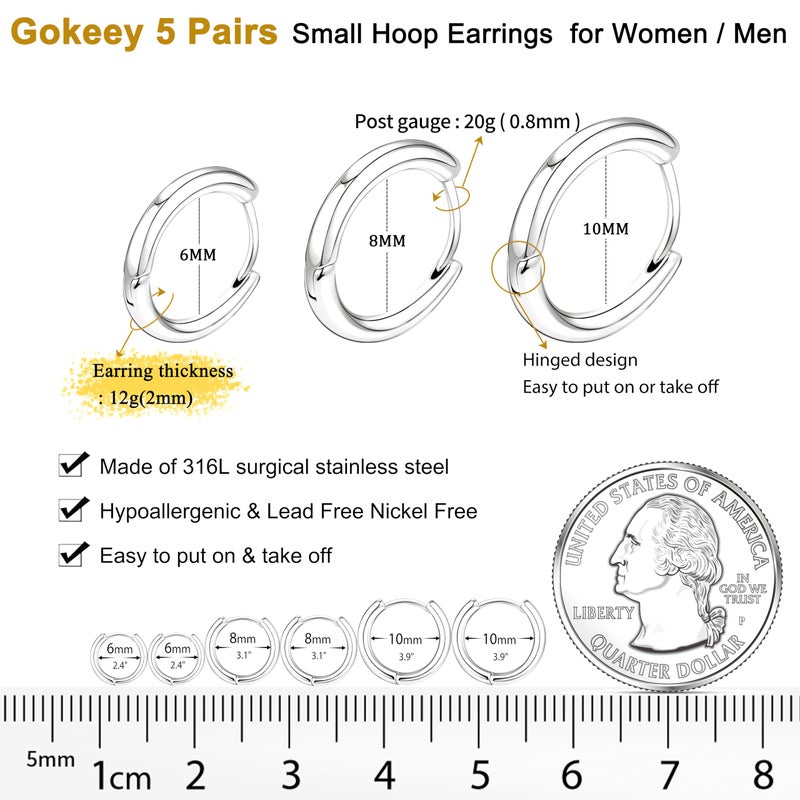 Gokeey 5 Pairs 316L Stainless Steel Small Hoop Earrings Set for Women, Cute Huggie Earrings for Women, Hypoallergenic Tiny Cartilage Earrings Hoop Silver Hoop Earrings for Men Multiple Piercing - Image 4
