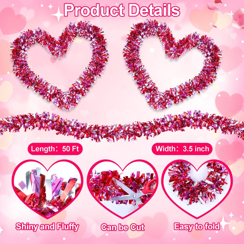 HALOGATE 50Ft Valentine'S Day Decorations  Valentines Tinsel Garland Red Pink Silver Shiny Metallic Garland For Home Tree Mantel Fireplace Stairs Outdoor Indoor Galentine'S Day Decorations - Image 2