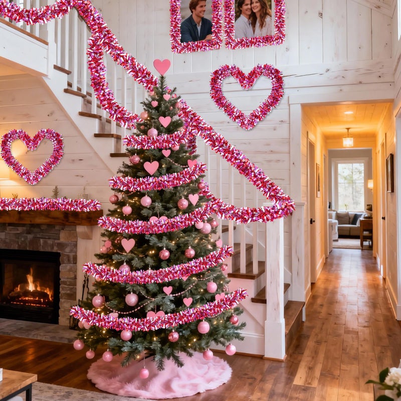 HALOGATE 50Ft Valentine'S Day Decorations  Valentines Tinsel Garland Red Pink Silver Shiny Metallic Garland For Home Tree Mantel Fireplace Stairs Outdoor Indoor Galentine'S Day Decorations - Image 5