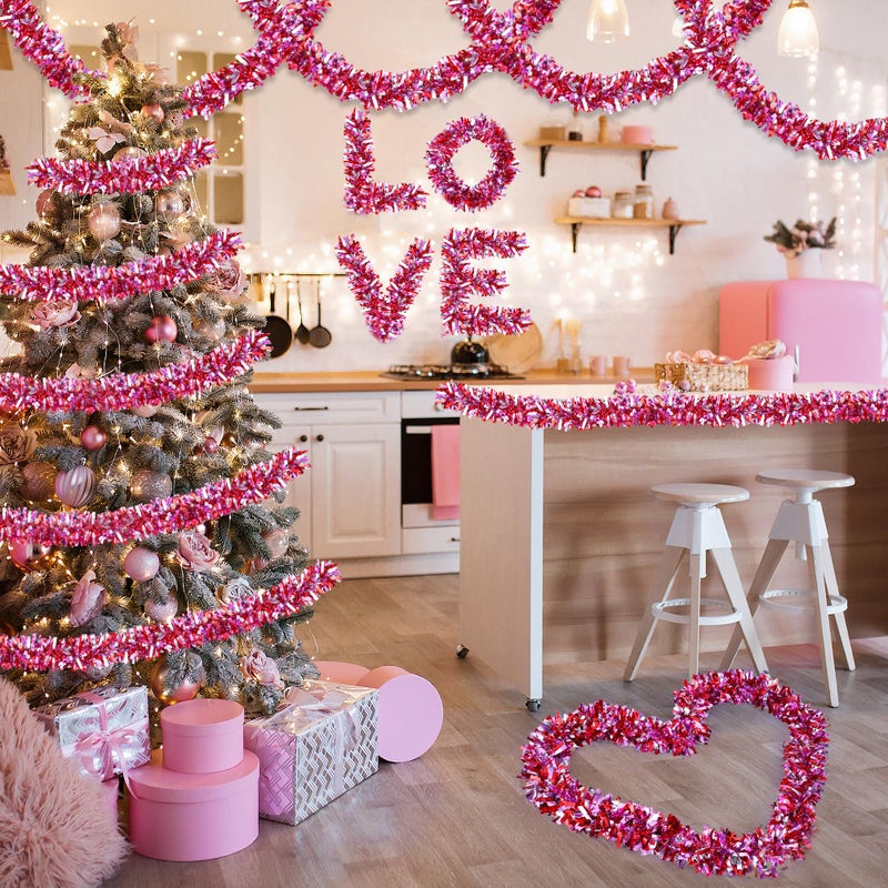 HALOGATE 50Ft Valentine'S Day Decorations  Valentines Tinsel Garland Red Pink Silver Shiny Metallic Garland For Home Tree Mantel Fireplace Stairs Outdoor Indoor Galentine'S Day Decorations - Image 4