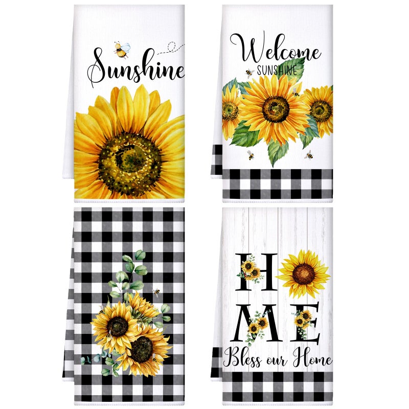 Bencailor 4 Pcs Sunflower Kitchen Towels Spring Summer Gifts Sunflower Floral Hand Dish Towels Absorbent Sunshine Yellow Grid Fast Drying Decor Housewarming Gift for Cooking Bathroom Kitchen Decor - Image 1