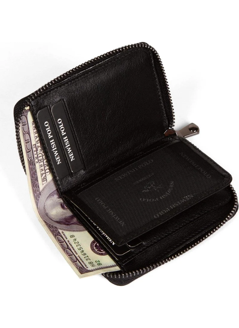 Newish Polo Newishpolo Zippered Leather Vertical Card Holder Wallet Black