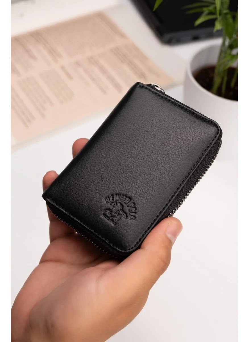Newish Polo Newishpolo Zippered Leather Vertical Card Holder Wallet Black