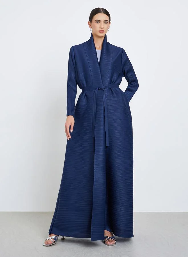 Take Two Solid Textured Pleated Belted Long Sleeve Abaya